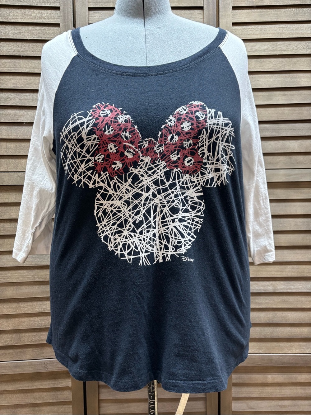 Disney Black and White Raglan Top with Red Bow Scribble Minnie Graphic